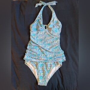 Helen Jon XS Tankini Halter Swimsuit Bathing Beach Mosaic Turquoise Blue Aqua 2